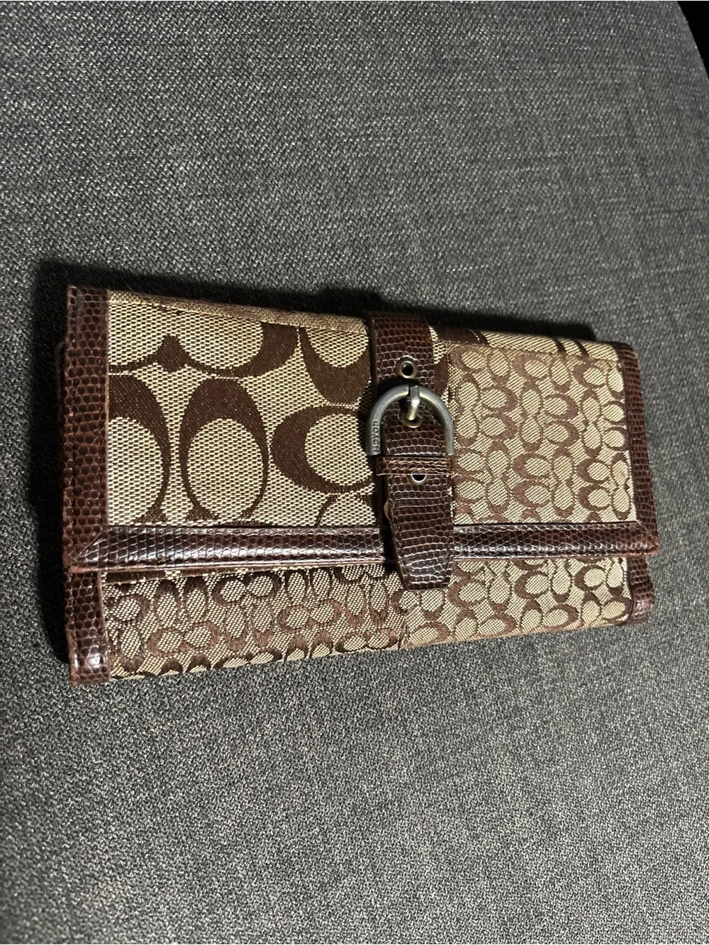 Coach Brown Signature Canvas Wallet with Buckle Detail